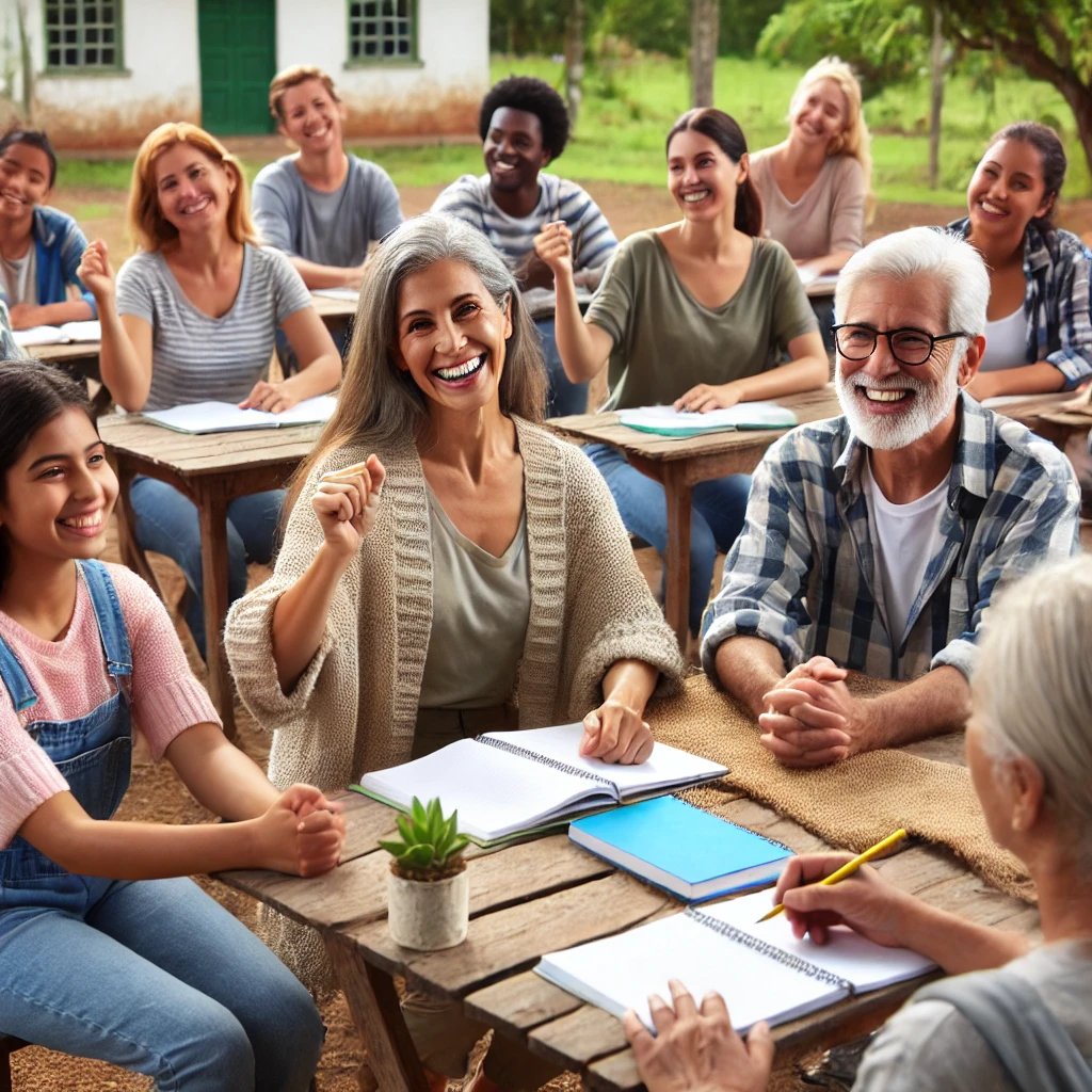 DALL·E 2024-07-05 14.29.57 - A joyful outdoor class with adult students being taught by an adult teacher, set in a South American country. The students are of mixed race